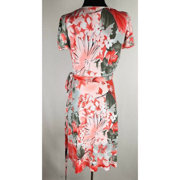 Maggy London Wrap Dress Womens 8p Vibrant orange and gray Floral Fairycore - Picture 2 of 8